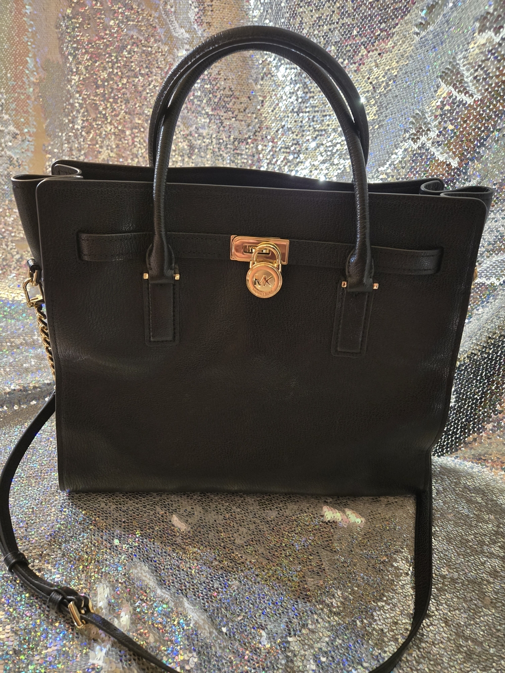 Michael Kors Black Leather Satchel with Gold-Tone Lock